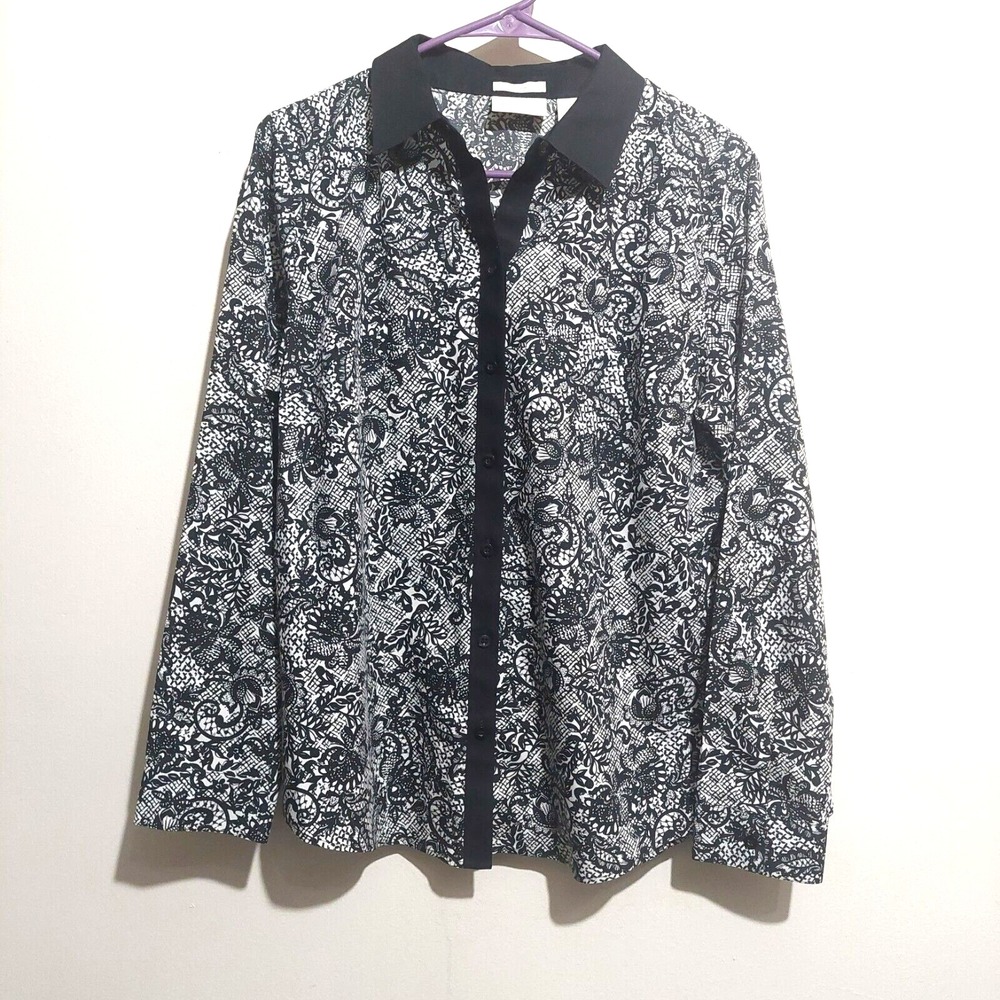 Chico's‎ Womens Button Up Shirt 1(8) Black White Paisley No Iron Cuff Sleeves